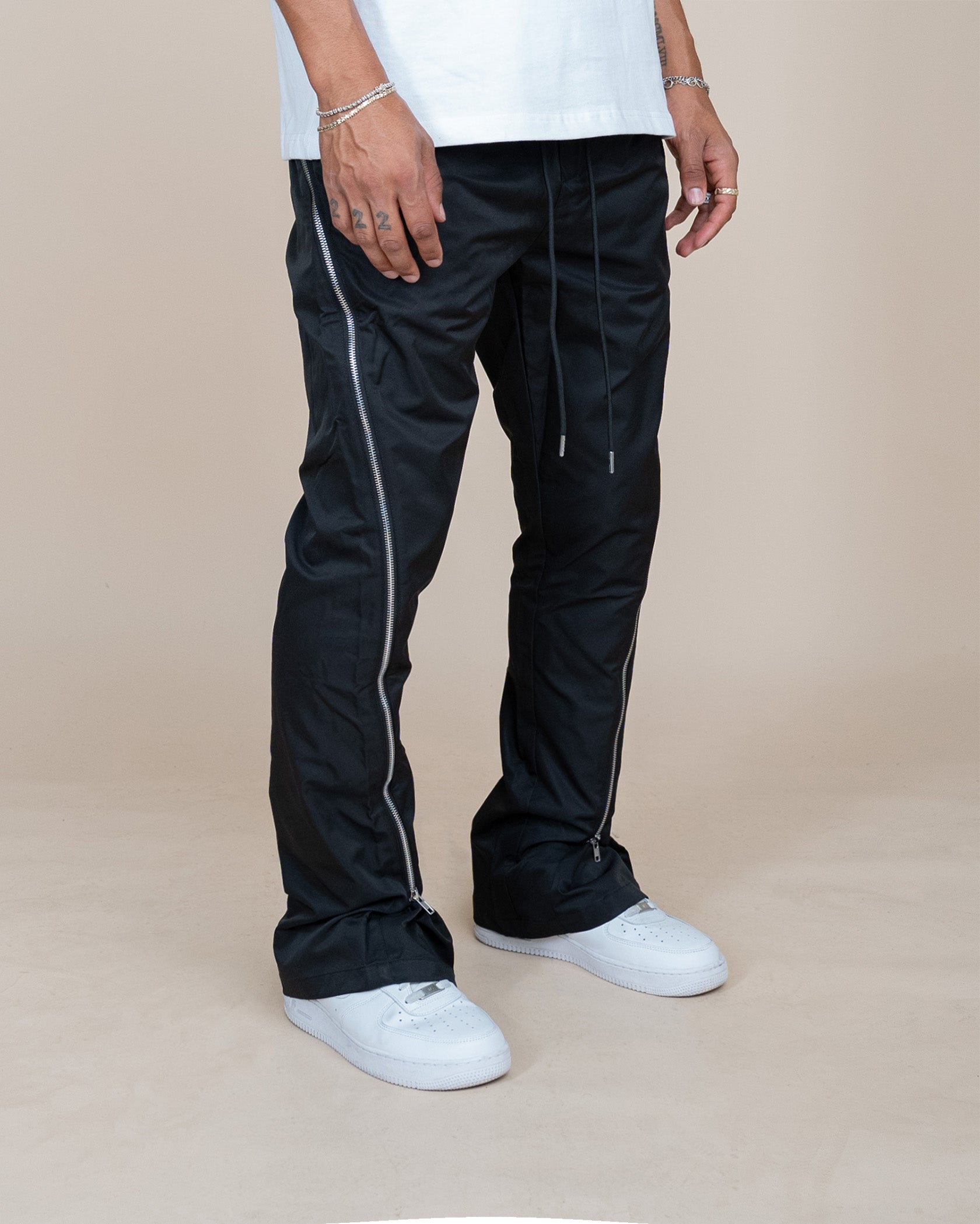 EPTM NYLON ZIP FLARED PANTS - BLACK