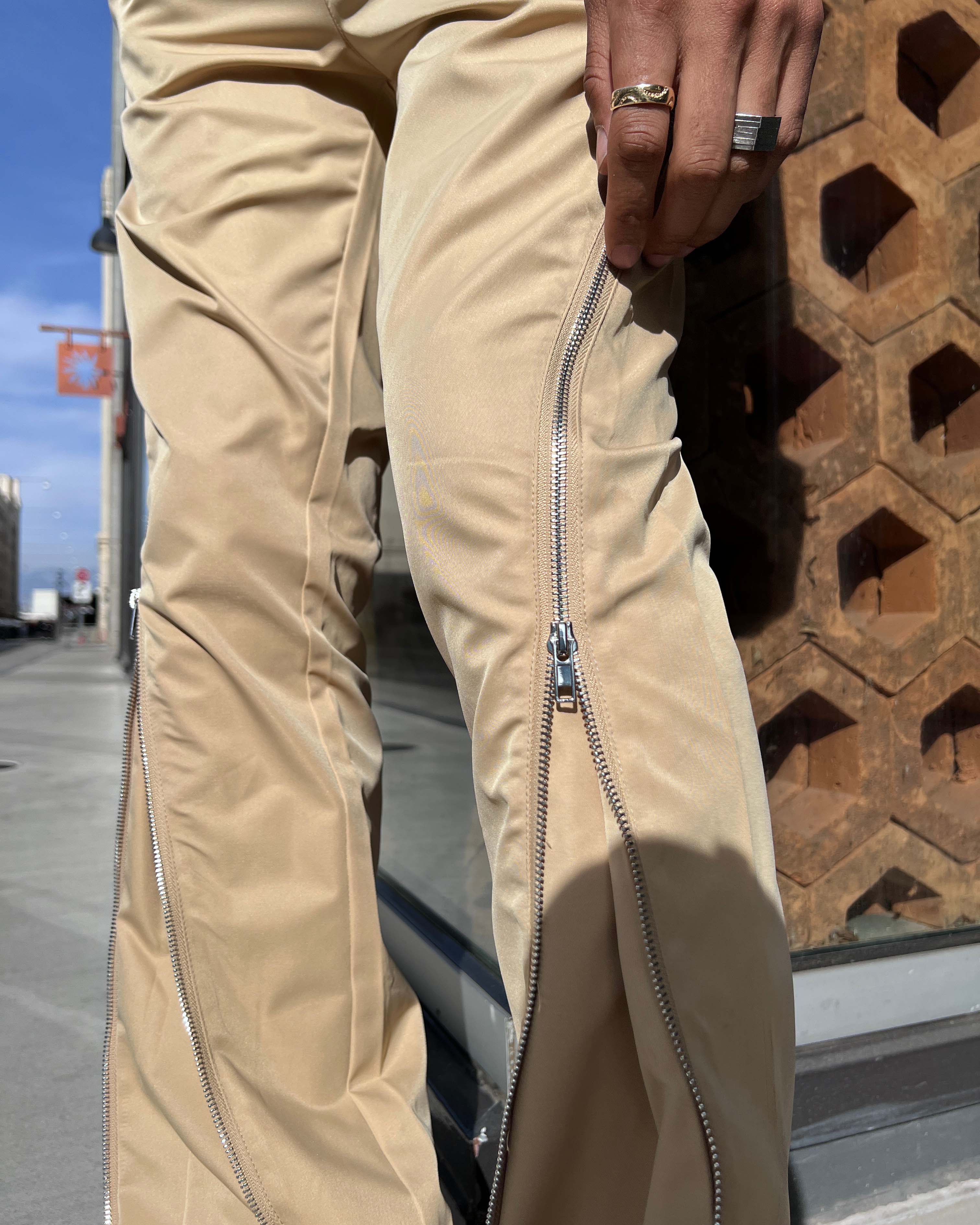 EPTM NYLON ZIP FLARED PANTS - TAN