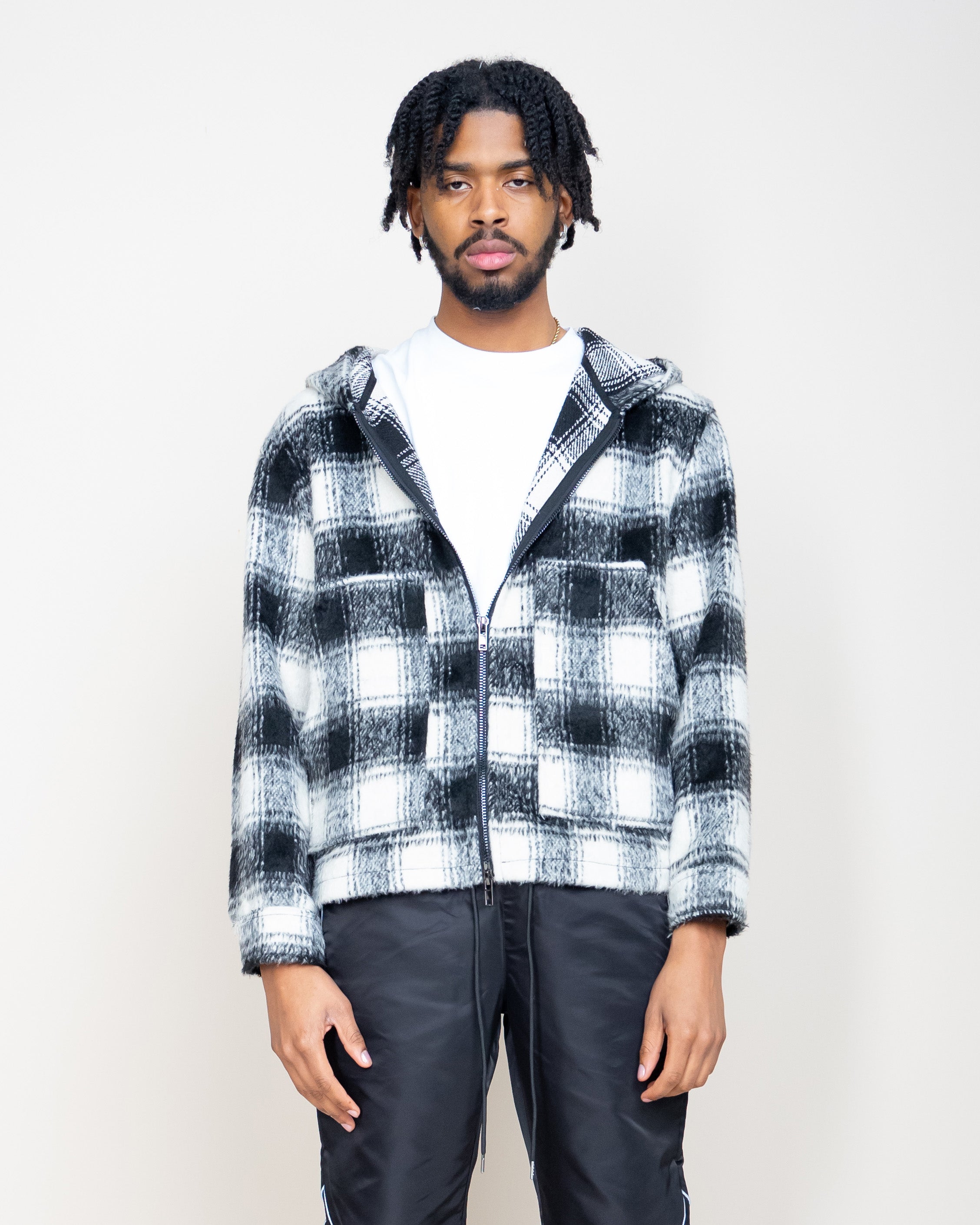 Black and shop white flannel jacket