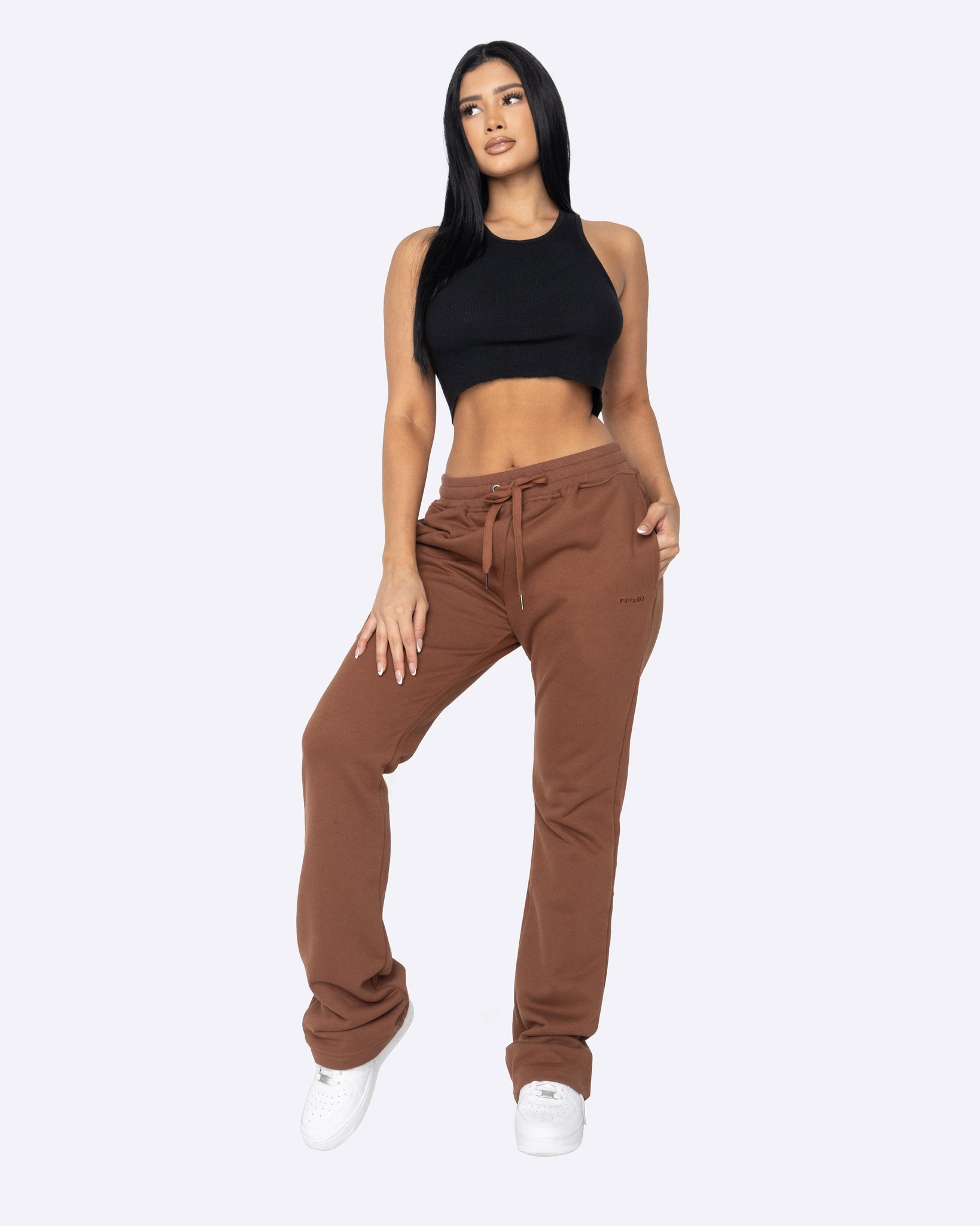 EPTM WOMEN FRENCH TERRY FLARE PANTS-BROWN