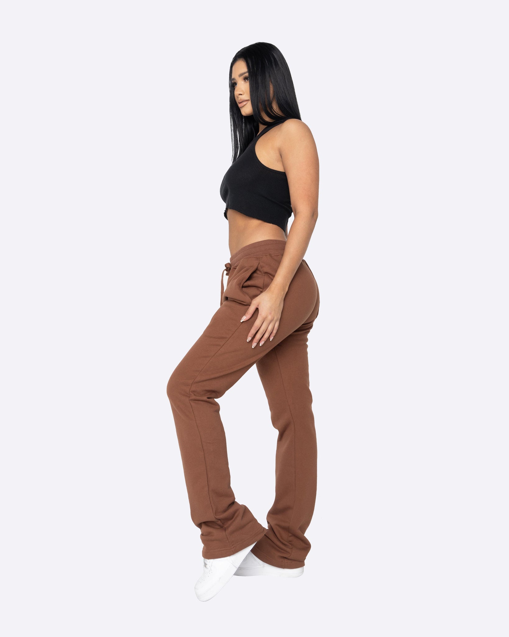EPTM WOMEN FRENCH TERRY FLARE PANTS-BROWN