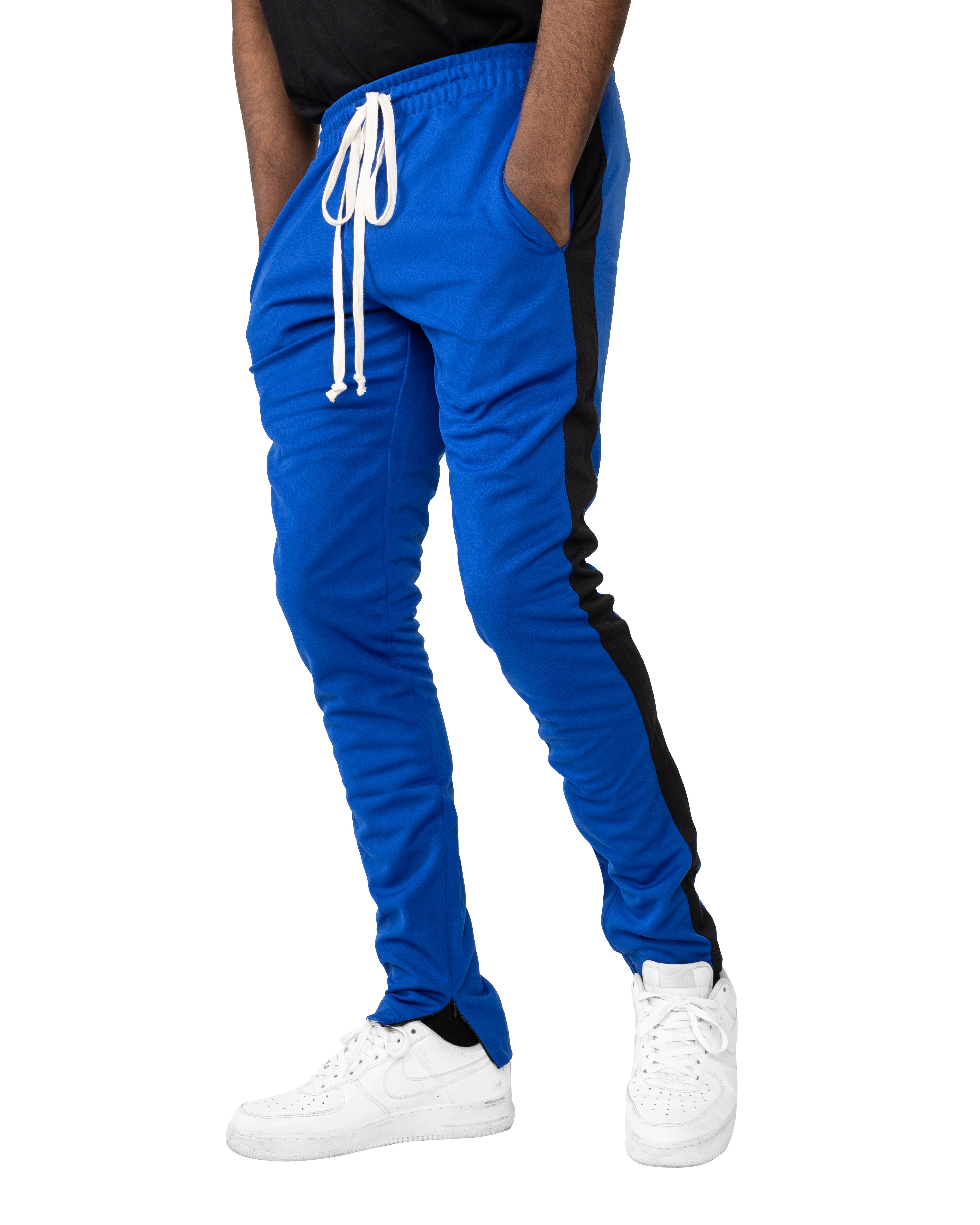 Blue and black store track pants