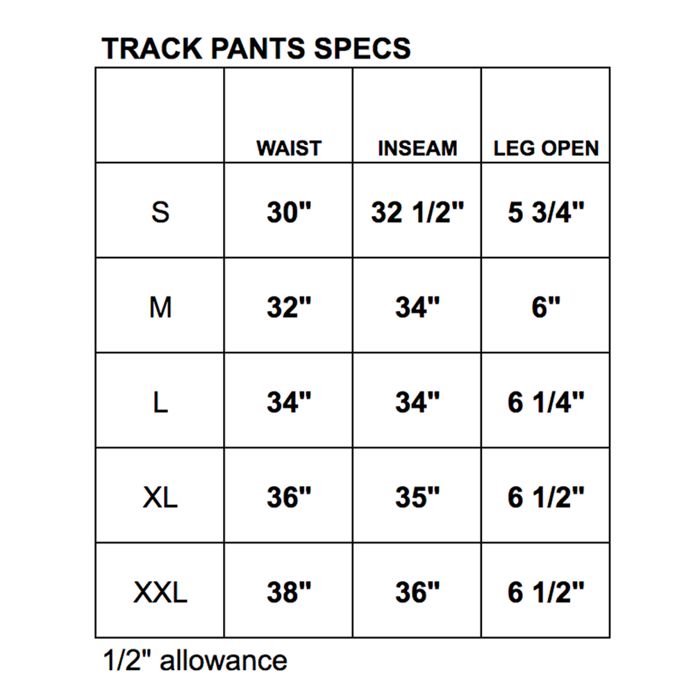 Size Chart - Track Pants – Plan B